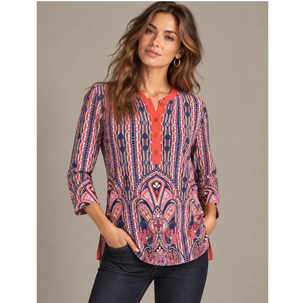 J.McLaughlin Mayan Paisley Boca Tunic Trop XS Catalina Cloth 3/4 Sleeve $175